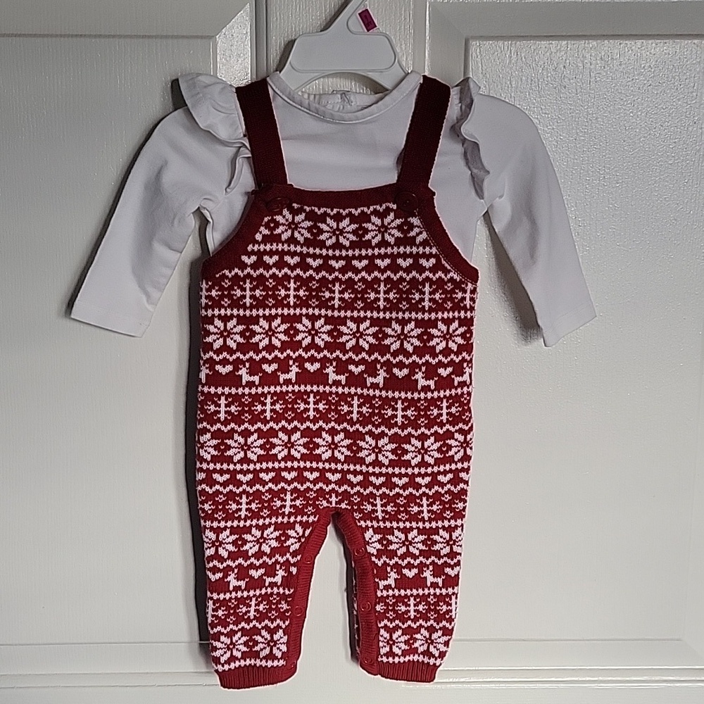 Shabby Chic, 3-6 months winter shirt and overalls, red and white.